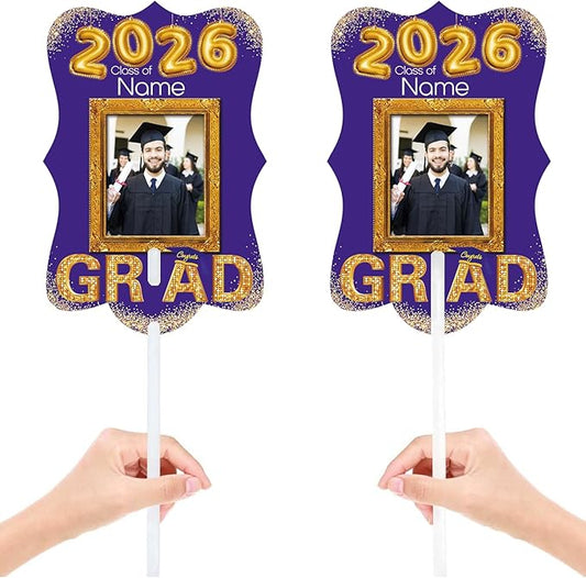 Personalized Graduation Double Sided Face Fan Class of 2026 Customized Graduation Head Face Cutout with Handle Fun Photo Prop Supplies(A-Purple and Gold,12pcs)