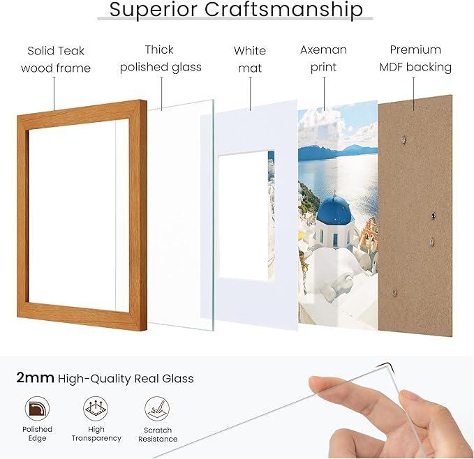 Axeman 16x16 Picture Frame with Mat for 12x12 - Solid Teak Wood Square Picture Frame with Tempered Glass, Wooden Square Photo Frame 16''x16'' for Art Photo and Prints, Hook Included, Natural Teak