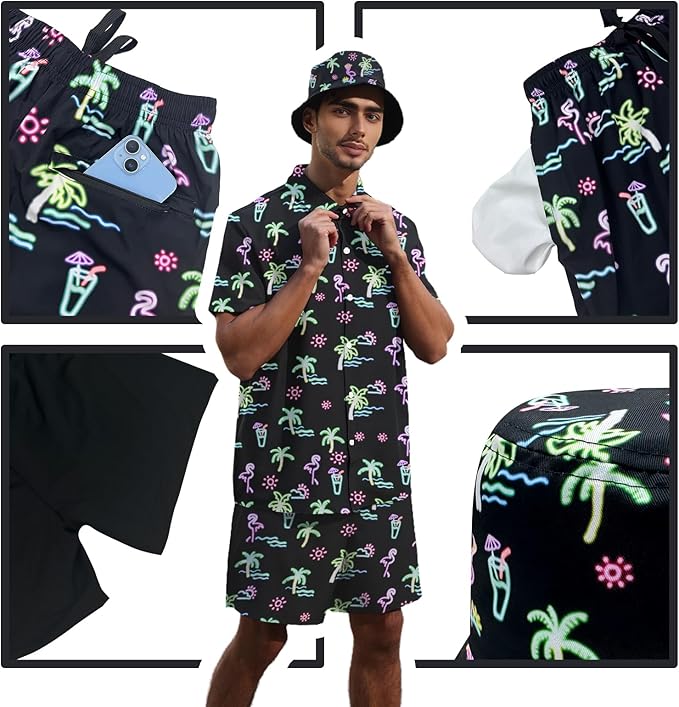 Men's Hawaiian Shirt and Shorts Set 2 Piece Beach Outfits with Bucket Hats for Beach Days and Summer Vibes
