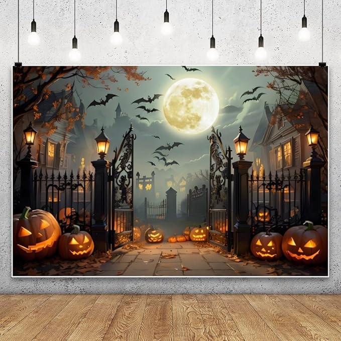 Leowefowa 12x8ft Halloween Backdrop Scary Full Moon Night Pumpkin Lantern Background Horror Bat Dead Tree Fall Leave Halloween Eve Party Banner Decor Photography Supplies Prop