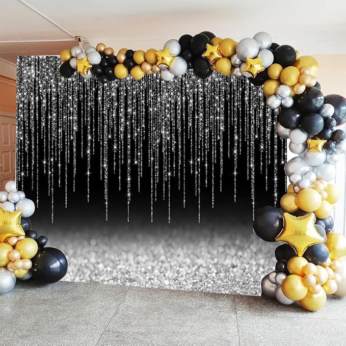 Black Silver Glitter Backdrop 10x8ft Graduation Birthday New Year Housewarming Retirement Party Background for Photography Theme Party Banner Studio Photo Booth Props