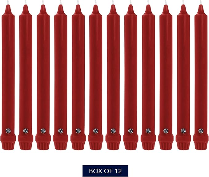 Colonial Candle Unscented Taper Candle, Classic Collection, Red, 8 In, Pack of 12 - Up to 6 Hours Burn
