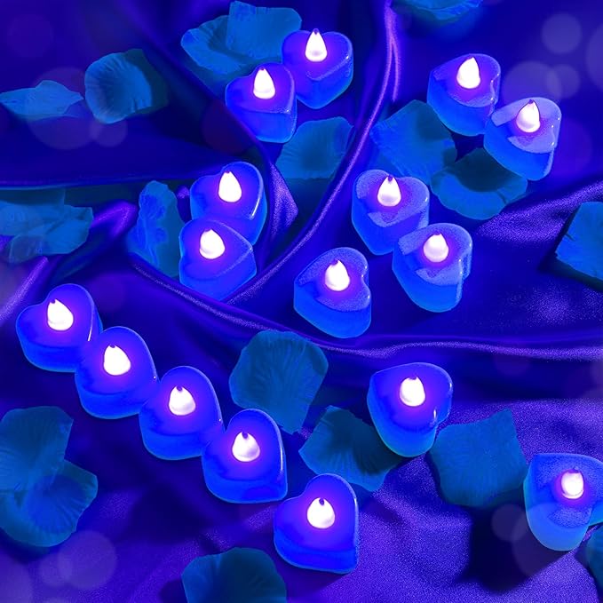 Coume 6000 Pcs Artificial Rose Petals with 120 Pcs Heart LED Tea Lights Candles Kit Valentines Rose Petals Candles Set for Romantic Night Anniversary Proposal Wedding Date Hotel(Blue Light)