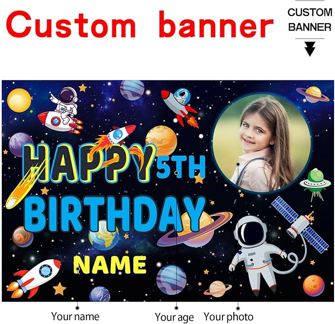 Custom Space Galaxy Astronaut Happy Birthday Party Decorations Supplies Personalized Outer Space Galaxy Astronaut Planet Birthday Backdrop Banner(6x9ft)