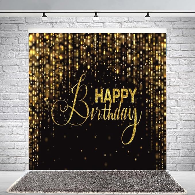 Happy Birthday Backdrop for Photography 8x8ft Luxury Black and Gold Birthday Party Backdrop Background Banner Bokeh Glitter Men Birthday Party Decorations Supplies Wallpaper Studio Props