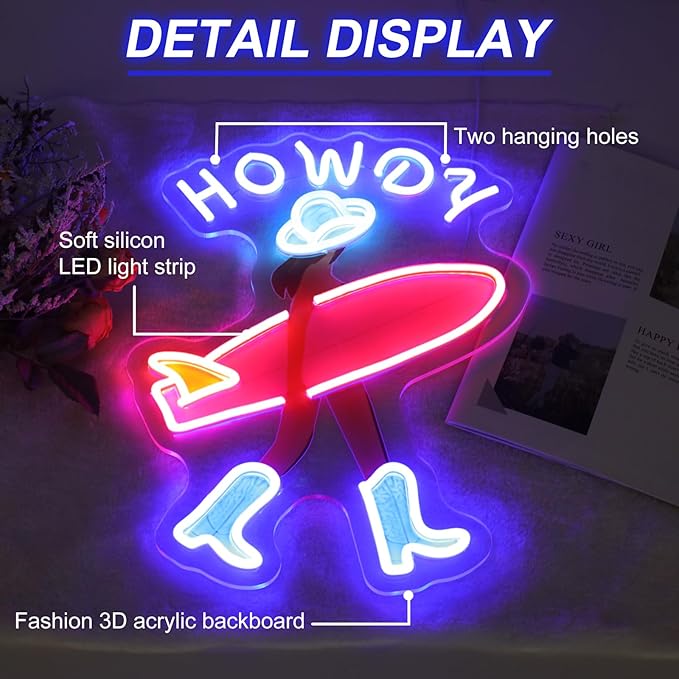 Howdy and Aloha Cowgirl Surf Girl Neon Sign, Howdy Cowgirl wall decor LED Light, Girly Wall Art Neon Sign, Coastal Cowgirl Brown Haired, 11.9"x16.5"