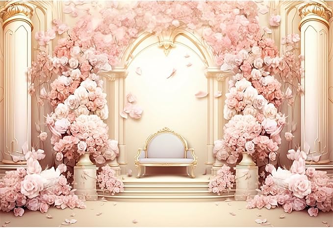 14x10ft Pink Floral Wall Backdrop Girls Rose Bridal Shower Palace Wedding Anniversary Flowers Baby Shower Party Decorations Photography Background Photo Shoot Props