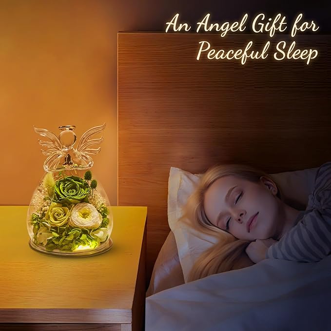 Birthday Gifts for Women Mom Preserved Roses in Glass Angel Figurines Fresh Flowers for Delivery Forever Flowers Eternal Rose Valentines Day for Grandma Sister Wife Her Daughter