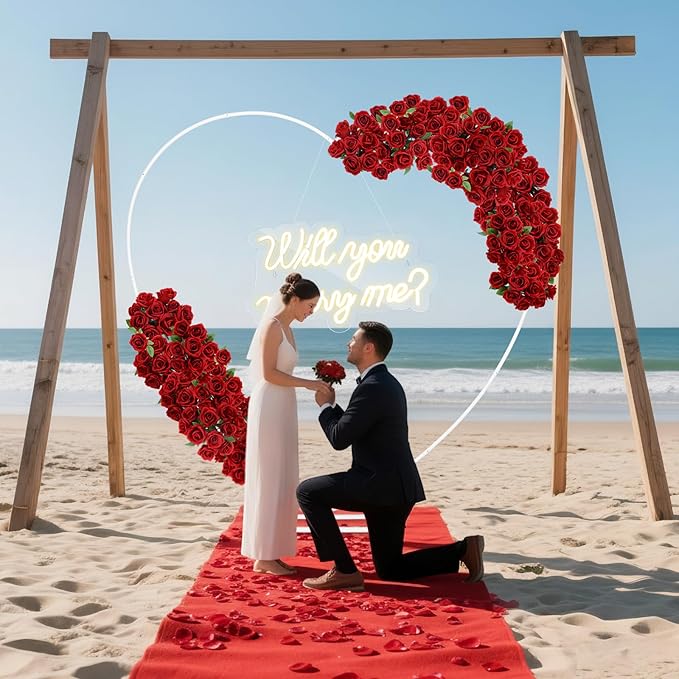 Breling 6.6ft Large Metal Heart Arch Stand and Will You Marry Me LED Neon Light Sign Backdrop for Outdoor Proposal Wedding Engagement Bridal Valentine and Birthday Party Decor (Red)
