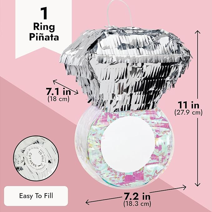 Juvale Diamond Ring Pinata - Interactive Bridal Shower Games - Bachelorette Party Decor & Accessories - Durable Metallic Finish for Engagement Party Decor - 7.2 x 7.1 x 11 in, Silver & Pink