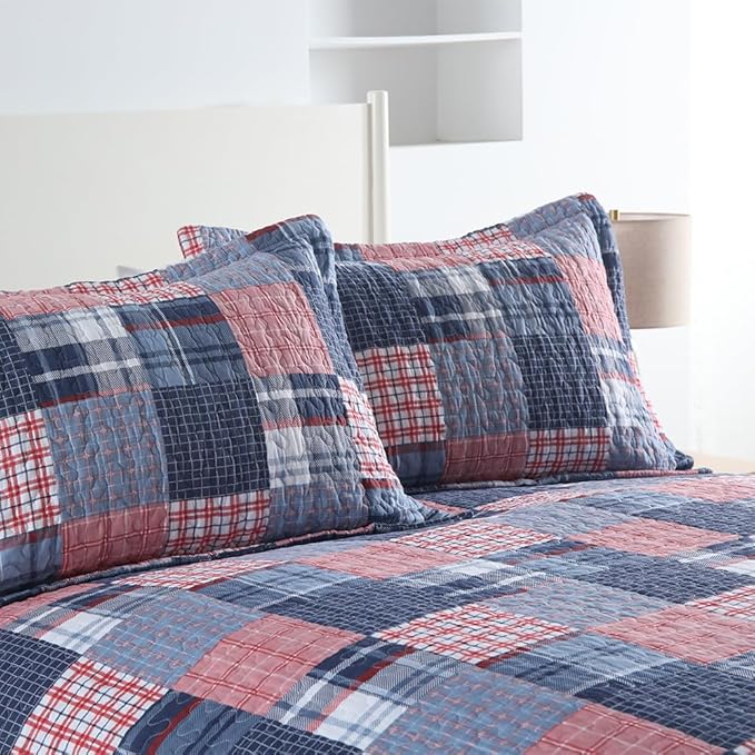 Cotton Bedding Quilt Sets Reversible All Season Real Patchwork Coverlet Sets All Season Blue Bedspread, Houndstooth Plaid Pattern, Queen Size