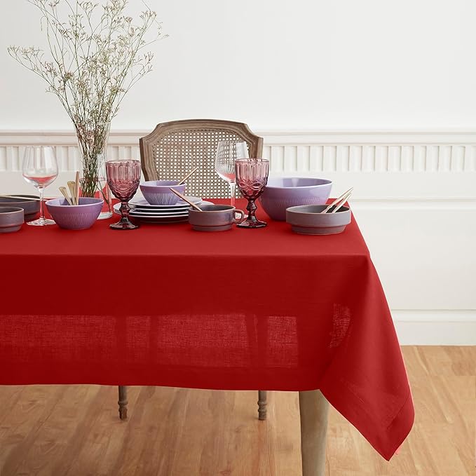 Solino Home Linen Red Tablecloth 60 x 102 Inch - 100% Pure Linen Rectangular Tablecloth - Machine Washable Table Cloth for Valentines, Winter - Fete