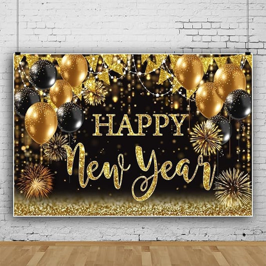 Happy New Year Backdrop 12x8ft Shining Black and Gold Balloons Background Happy 2024 New Year Backdrop 2024 New Year Eve Photo Backdrops for Photography NYE Party Portrait Photo Studio Props
