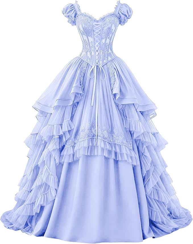 Ftupza Gothic Wedding Dresses Lace Appliques 1800s Victorian Dresses for Women Layered Tulle Prom Dress Long Ball Gown