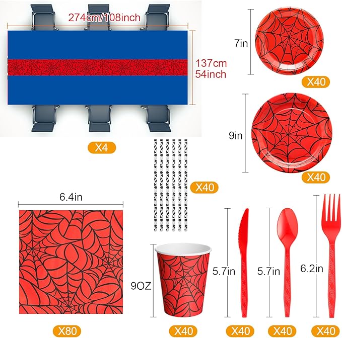 Oudain 324 Spider Birthday Party Decoration Supplies Red Blue Disposable Rectangular Spider Web Tablecloth Paper Plates Napkins Cups Set Plastic Dinner Tableware Forks Spoons Knifes
