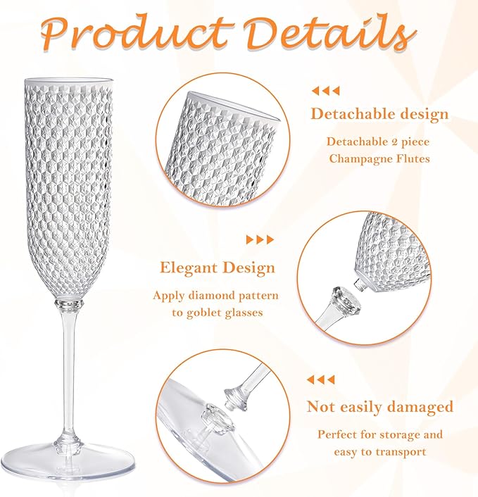 XUWAIDSGN 48 Pack Clear Detachable 2 piece Champagne Flutes 5.5 Oz Unbreakable Plastic Mimosa Disposable Champagne Glasses Drinking Cups Stemmed Reusable Wine Toasting Glasses for Wedding (48, Clear)