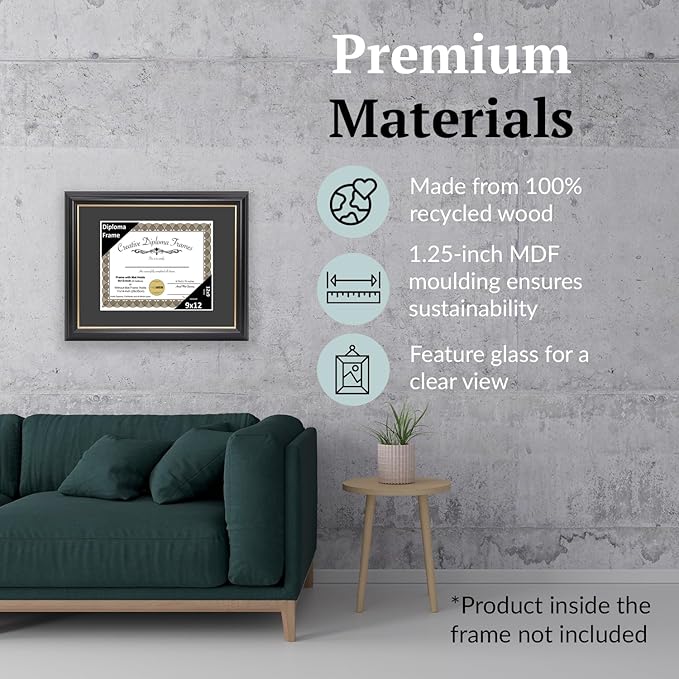 Creative Picture Frames 9" x 12" Rockefeller Black with Gold Rim Diploma Frame, Displays 9" x 12" Certificate or 11" x 14" Document without Mat, College Degree Frame, Full-Strength Glass, Black Mat