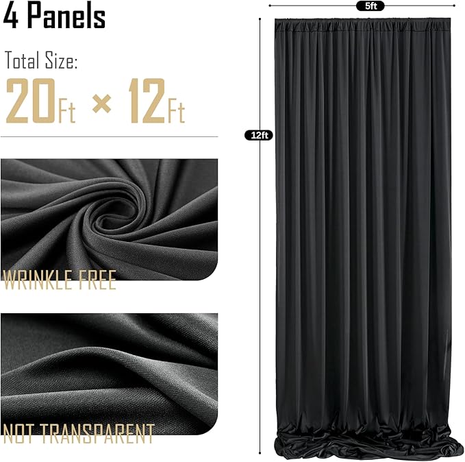 gogoparti 20x12ft Black Backdrop Curtain for Wedding Parties, 4 Panels (5x12 ft Each) Wrinkle-Free Dackdrop Curtains, Silky Draping Fabric for Birthday Party, Baby Shower, Photo Background