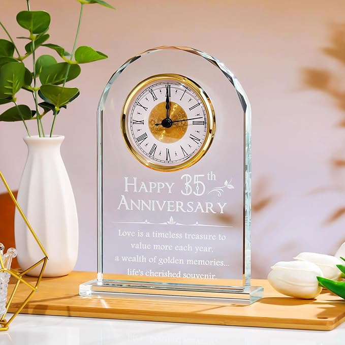 YWHL 35th Wedding Anniversary Clock Gifts for Parents, 35 Years Anniversary Glass Quartz Clock Gifts for Couple Wife Husband, Table Clock Gifts for 35th Anniversary Decoration (Battery not Included)