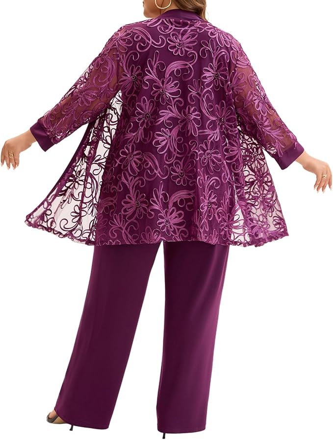 Plus Size 3 Piece Floral Embroidered Pantsuit Set Women Mother of Bride Wedding Guest Formal Evening Cocktail Party Attire