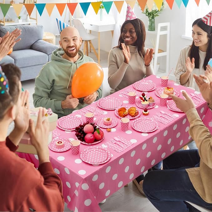 452 Pcs Pink Polka Dot Party Supplies for 50, Pink and White Polka Dot Paper Plates Napkins Cups Tablecloth Cutlery Straws for Mouse Birthday Carnival Family Picnic Barbecue Party Decoration