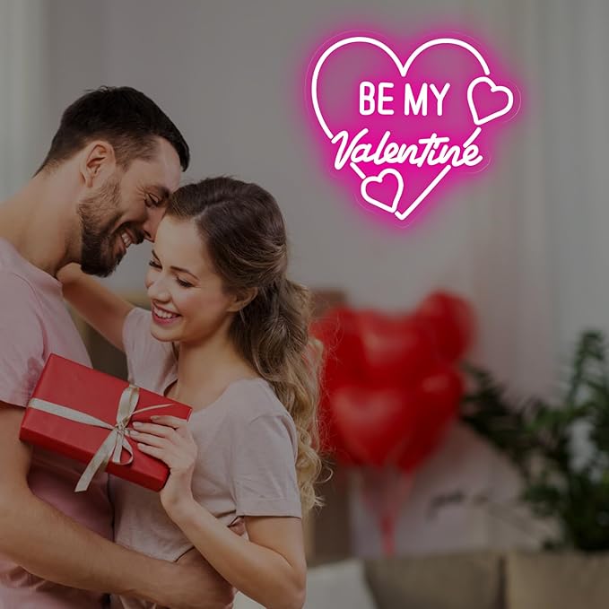 Be My Valentine Heart Neon Sign, Hot Pink Romantic Heart LED Light for Valentine's Day Gift, Bedroom, Living Room, Lover Decor, Anniversary, Couple Space Wall Art 13.8″ × 12.6″