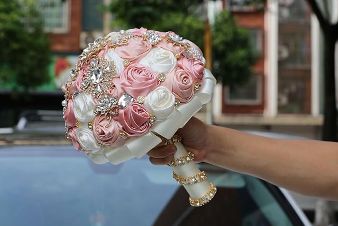 Handmade Wedding Bouquets for Bride Bridesmaid Brooch Artificial Holding Flower Tossing Bouquet(Ivory/champagnet, 16cm, 1PC)