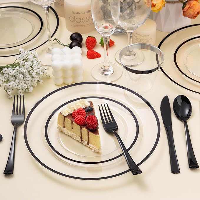 Beststar 350PCS Black and Clear Plastic Dinnerware Sets for 50 Guests, Include 100 Black Disposable Plates, 100 Forks, 50 Knives, 50 Spoons, 50 Cups,Halloween