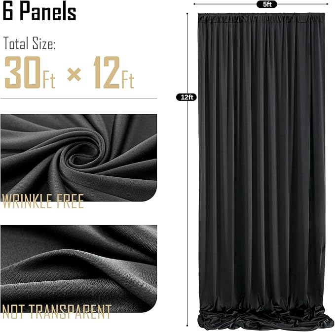 gogoparti 30x12ft Black Backdrop Curtain for Wedding Parties, 6 Panels (5x12 ft Each) Wrinkle-Free Dackdrop Curtains, Silky Draping Fabric for Birthday Party, Baby Shower, Photo Background