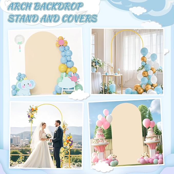 FOTSHARER 7.2FT Metal Arch Backdrop Stand with Beige Arch Cover Wedding Balloon Arches Stands Spandex Fitted Arched Backdrop Stand Cover for Baby Shower Birthday Party Graduation Ceremony Decor