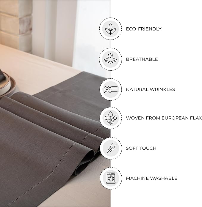 D'Moksha Homes Linen Charcoal Grey Table Runner 72 Inches Long - 100% Pure Linen Hemstitch Table Runner 14 x 72 Inch for Dresser, Dining, Spring, Easter - Classic Hemstitch