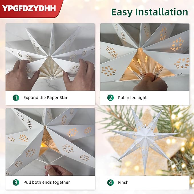 3 Pack 23" Paper Star Lantern with LED Lights, 7-Point Hanging Star Light for Christmas Advent Wedding Birthday–Classic White 3D Paper Lantern with Remote for Indoor Outdoor Decor