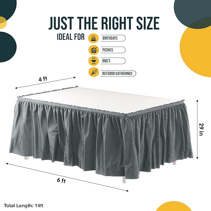 Ruffle Table Skirt Silver 48 Pack 14 Ft Long Table Skirts for Rectangle Tables 6ft Plus or Round Tables Skirts with Adhesive Strip for Gender Reveal Decor & Happy Birthday Parties by Exquisite