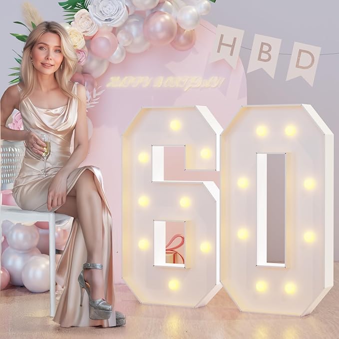 3FT Marquee Light Up Numbers 60th Birthday Decorations for Women Men, Large Marquee Numbers 60 Sixty Years Olds Party Decor, Big Mosaic Numbers Anniversary Decorations
