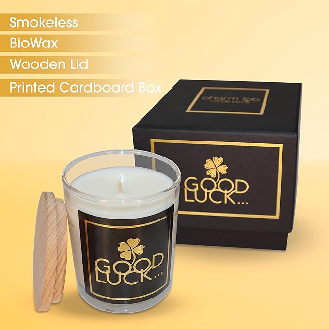 CharmLab Candle – Good Luck Scented Candle, 12 oz Glass Jar with Wooden Lid, Wood & Spice Sandal Bio Wax, Up to 40 Hours Burn, Luxury Gift Box, Elegant Home Decor Candle