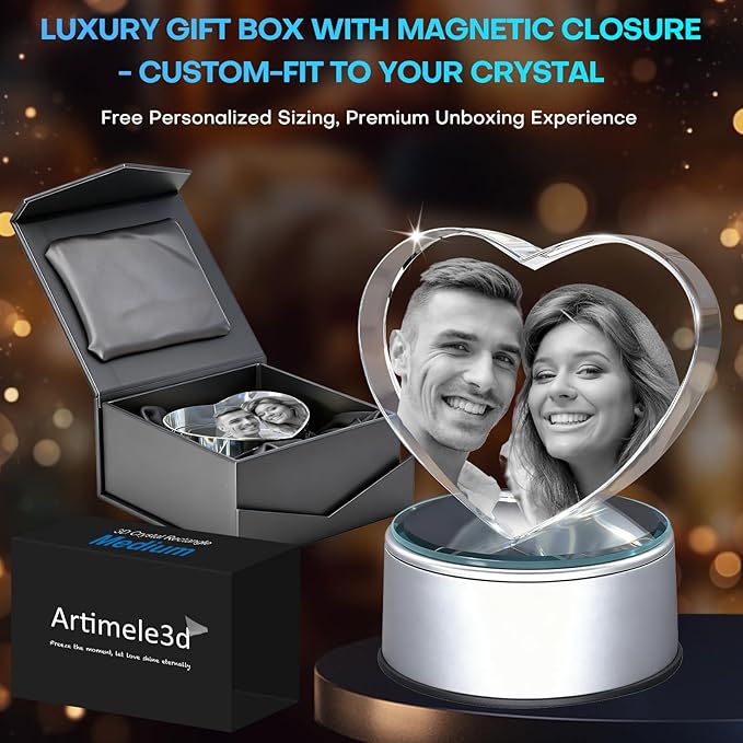Custom 3D Crystal Photo Heart Large – Premium: Multicolor LED Base, Gift Wrap & 3D Card; Ready to Gift for Grandma & Family
