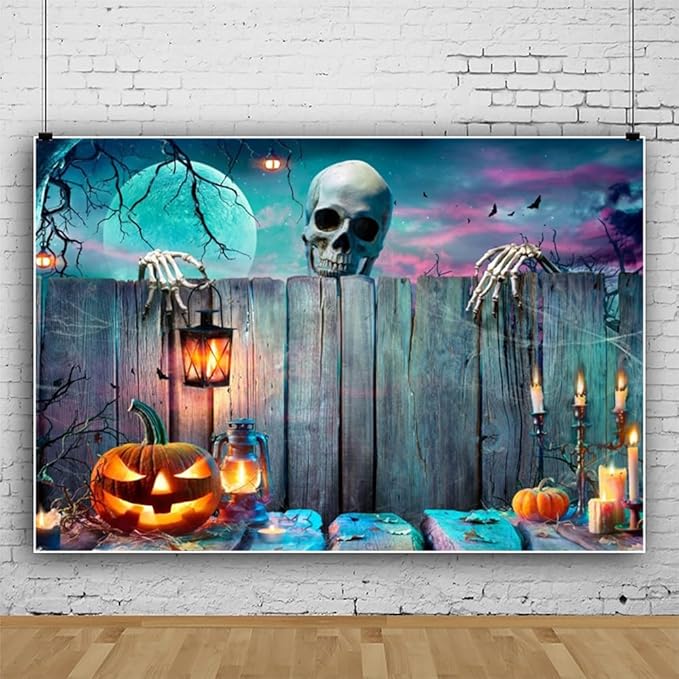 Halloween Skeleton Backdrop Full Moon Pumpkin Lantern Wooden Gloomy Photography Background Banner Horrible Spooky Night Party Decoration Backdrops Studio 20x10FT Wallpaper