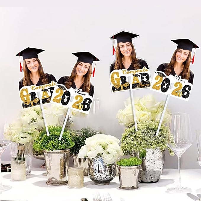 Personalized Graduation Face Fan 2026 Grade Custom Double Sided Face Cutout Fan with Handle Photo Booth Prop Party Supplies(B-Black and Gold,24pcs)