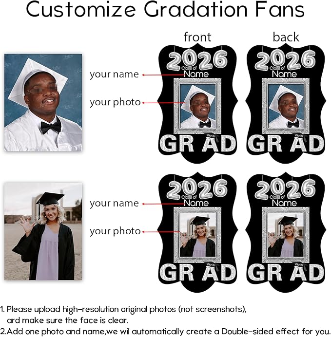Personalized Graduation Double Sided Face Fan Class of 2026 Customized Graduation Head Face Cutout with Handle Fun Photo Prop Supplies(A-Black and Silver,12pcs)
