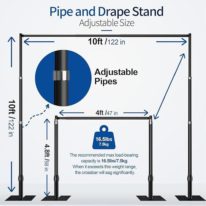 Pipe and Drape Backdrop Stand, 10x10ft Heavy Duty Adjustable Background Frame with Metal Base, Back Drop Holder for Parties Photography Wedding Photoshoot Decoration - Black