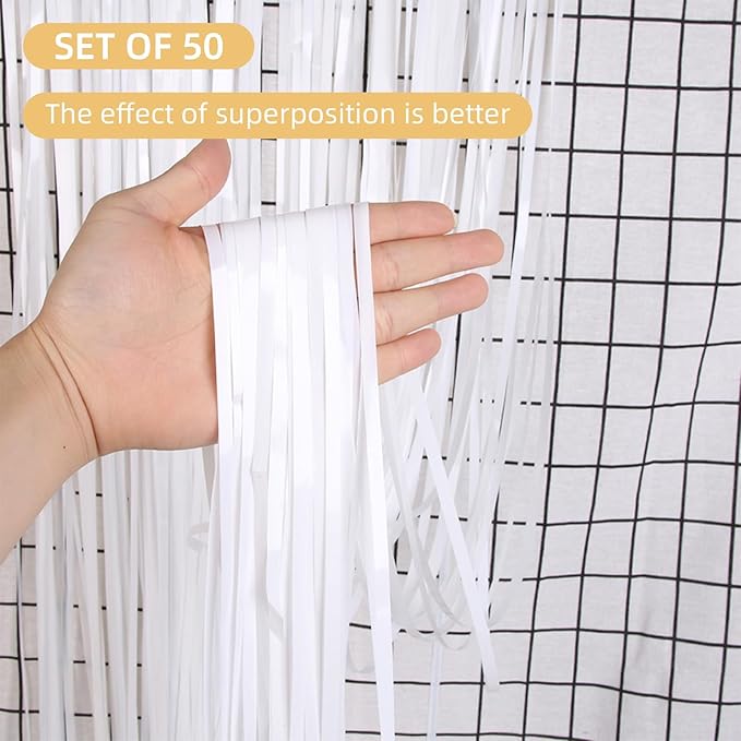 White Foil Fringe Curtains 50 Pack 3.2ft x 8.2ft Fringe Backdrop Curtains Metallic Tinsel Streamer Photo Backdrop for Birthday Party Decorations Halloween Christmas Party Supply (White)