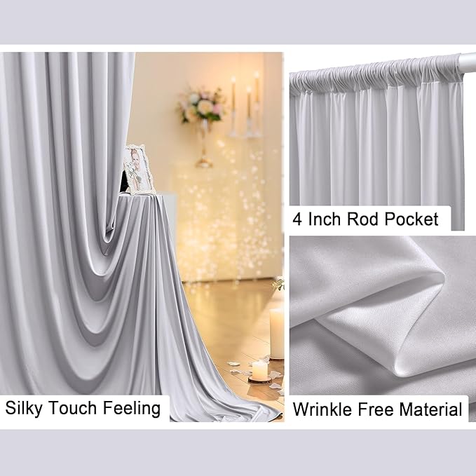50 ft x 10 ft Wrinkle Free Silver Backdrop Curtain for Parties, Polyester Silver Grey Backdrop Drapes 10 Panels 5x10ft for Baby Shower Photoshoot Engagement Wedding Birthday Photography Background