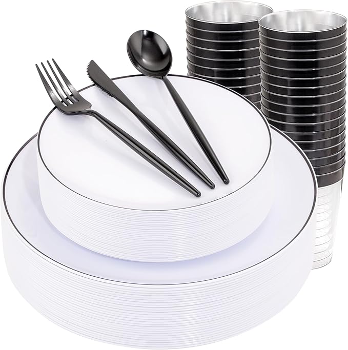 EI 180pcs White Plastic Dinnerware Set Include Black Disposable Silverware,Dinner and Dessert Plates,Cups,White Plastic Plates with Black Rim Perfect for Wedding,Birthday,Partys,Business Events,Hotel