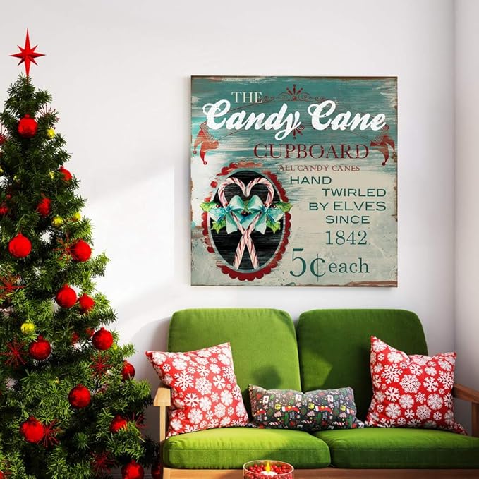 Renditions Gallery Candy Cane Cupboard Wall Art, Cute Christmas & Winter Decor, Vintage Faux Wood Look, Festive, Premium Gallery Wrapped Canvas, Ready to Hang, 32 in H x 32 in W, Made in America