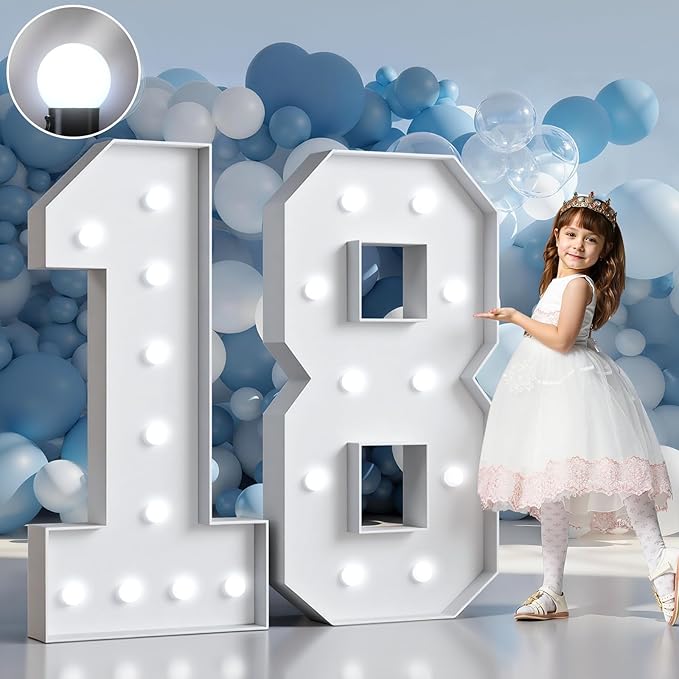 Marquee Numbers 4 Feet Tall Big Light Up Numbers Happy 18th Birthday Decorations Girl Boy White Anniversary Party Decor Large Cardboard Prop Backdrop Sign 18