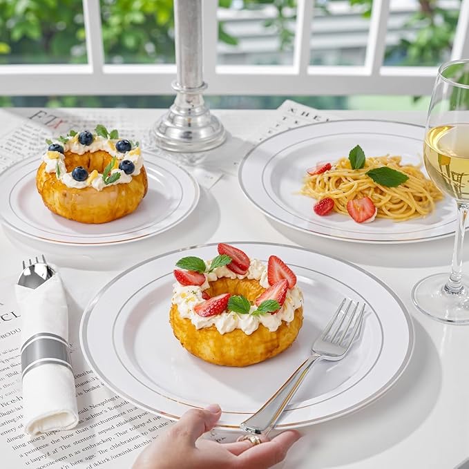 WDF 120PCS Plastic Plates White Silver Rim - Disposable Plates including 60PCS for Dinner 10.25inch, 60 Salad/Dessert Plates 7.5inch Heavy Duty Wedding Party Birthday