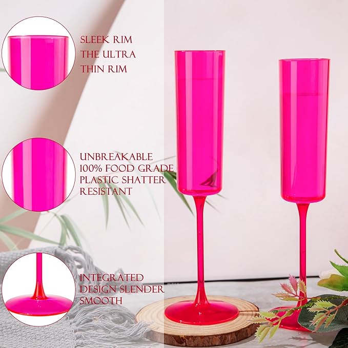 Ciaell 24 Pack Plastic Champagne Flutes - Hot Pink 6 Oz Disposable Champagne Glasses - Square Plastic Toasting Glasses for Party Birthday Anniversary Wedding & Valentine's Day