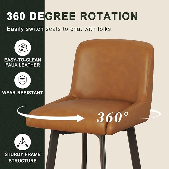 Swivel Counter Height Bar Stools Set of 3, 29''H Upholstered Barstools with Backs, Modern Bar Stool Chairs for Kitchen Island, Metal Legs, Faux Leather, Whiskey Brown Stools Counter Chair