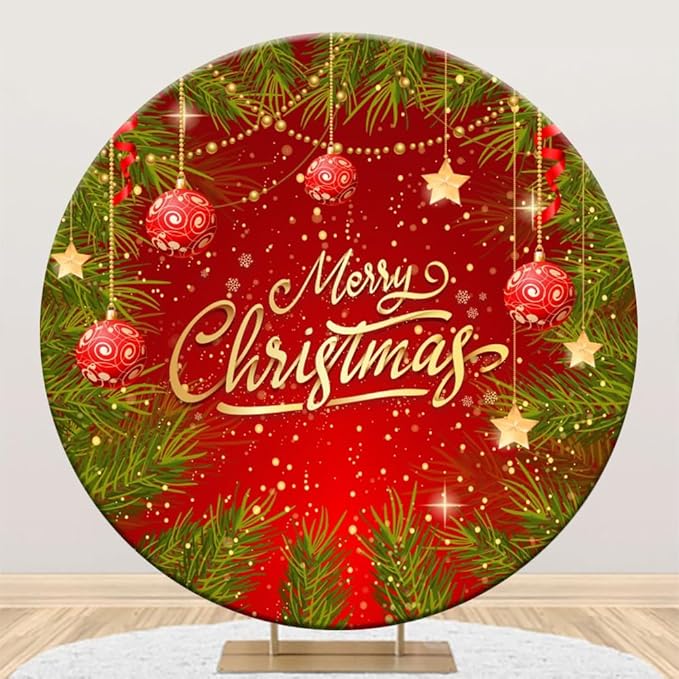 YongFoto Merry Christmas Round Backdrop Cover 6ft Snowflakes Gold Red Background Xmas Eve Happy New Year New Year's Night Festival Carnival Family Celebration Party Banquet Decor Banner