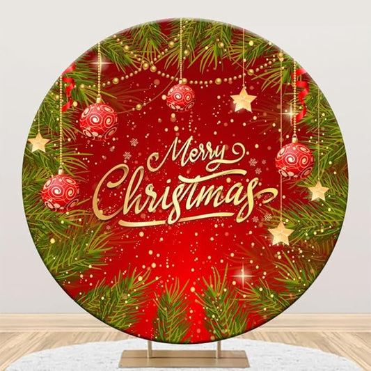 YongFoto Merry Christmas Round Backdrop Cover 5ft Snowflakes Gold Red Background Xmas Eve Happy New Year New Year's Night Festival Carnival Family Celebration Party Banquet Decor Banner